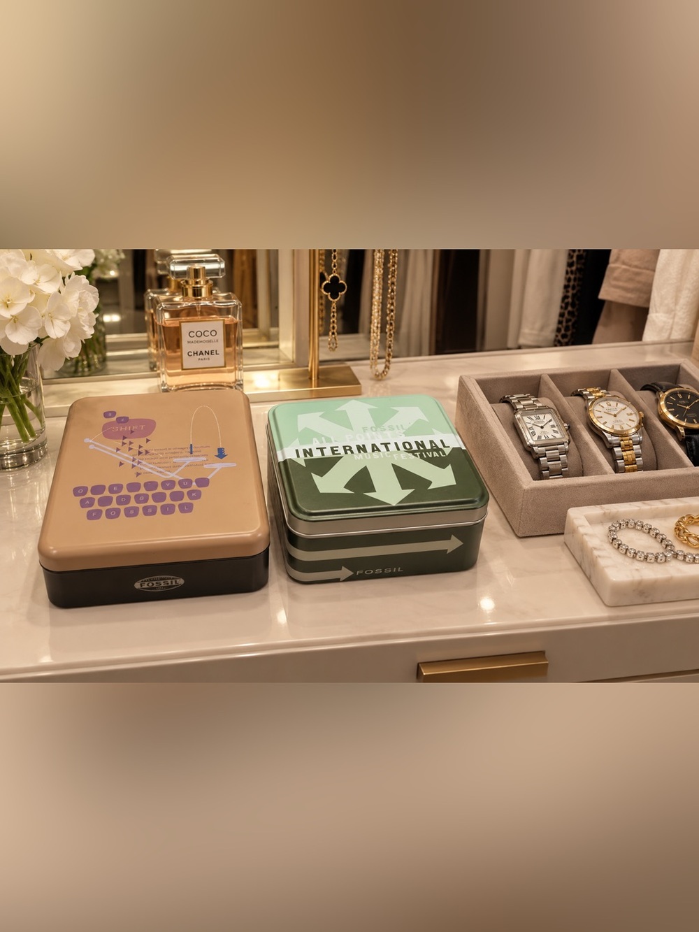 Fossil vintage metal storage watch boxes